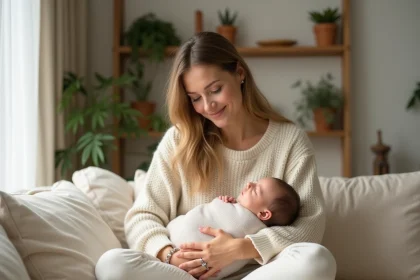 Jeune mère tenant tendrement son nouveau-né dans ses bras sur un canapé en lin dans un appartement parisien chaleureux