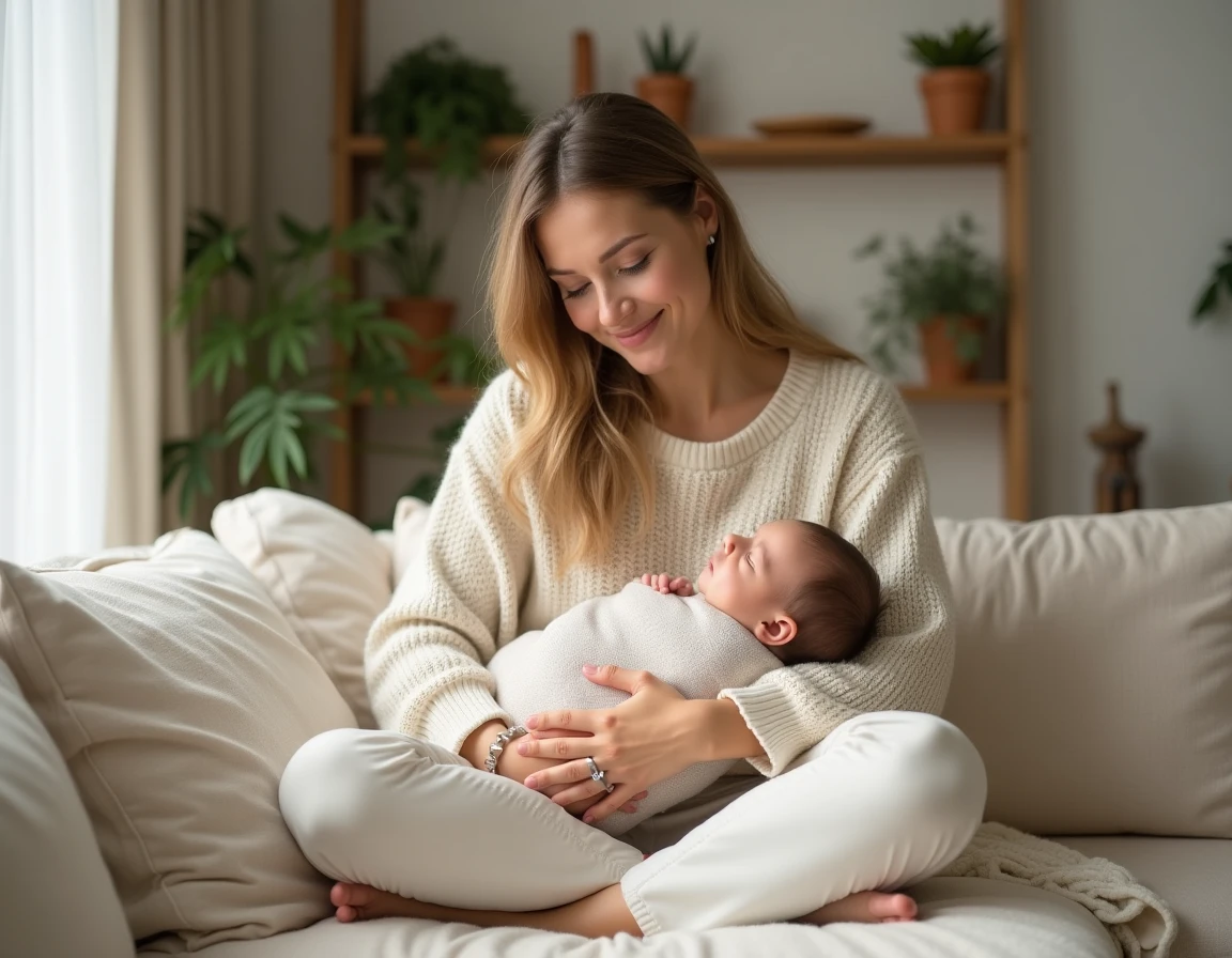 Jeune mère tenant tendrement son nouveau-né dans ses bras sur un canapé en lin dans un appartement parisien chaleureux