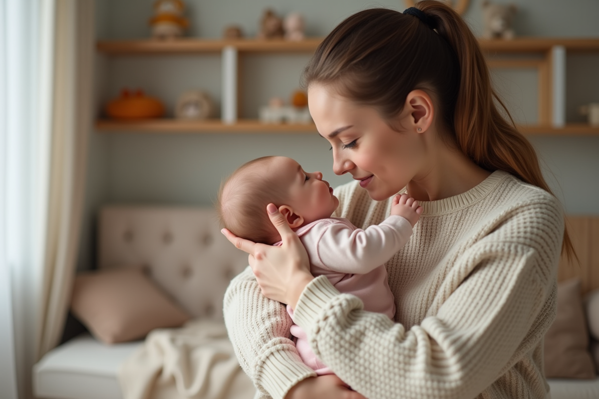 Mère attentive tenant son bébé dans une nurserie chaleureuse