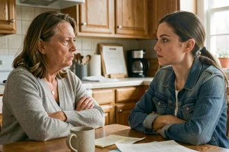 Mère et fille adulte en désaccord autour d'une table de cuisine, postures fermées et regard évité, tension familiale palpable