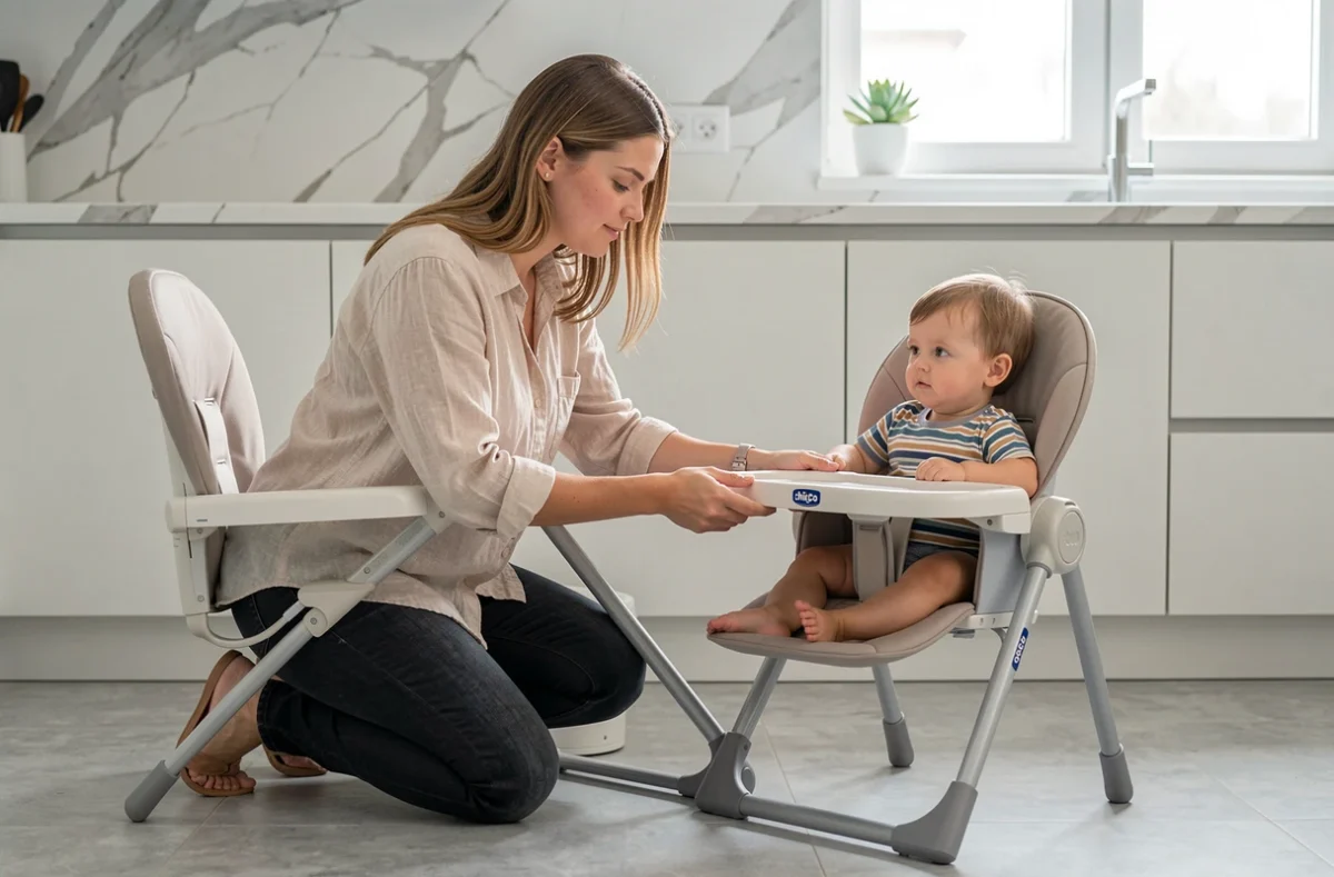 Mère ajustant une chaise haute Chicco Polly Magic pour ses jumeaux dans une cuisine moderne