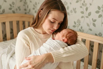 Jeune mère tenant tendrement son nouveau-né aux cheveux roux dans une chambre de bébé cosy et lumineuse