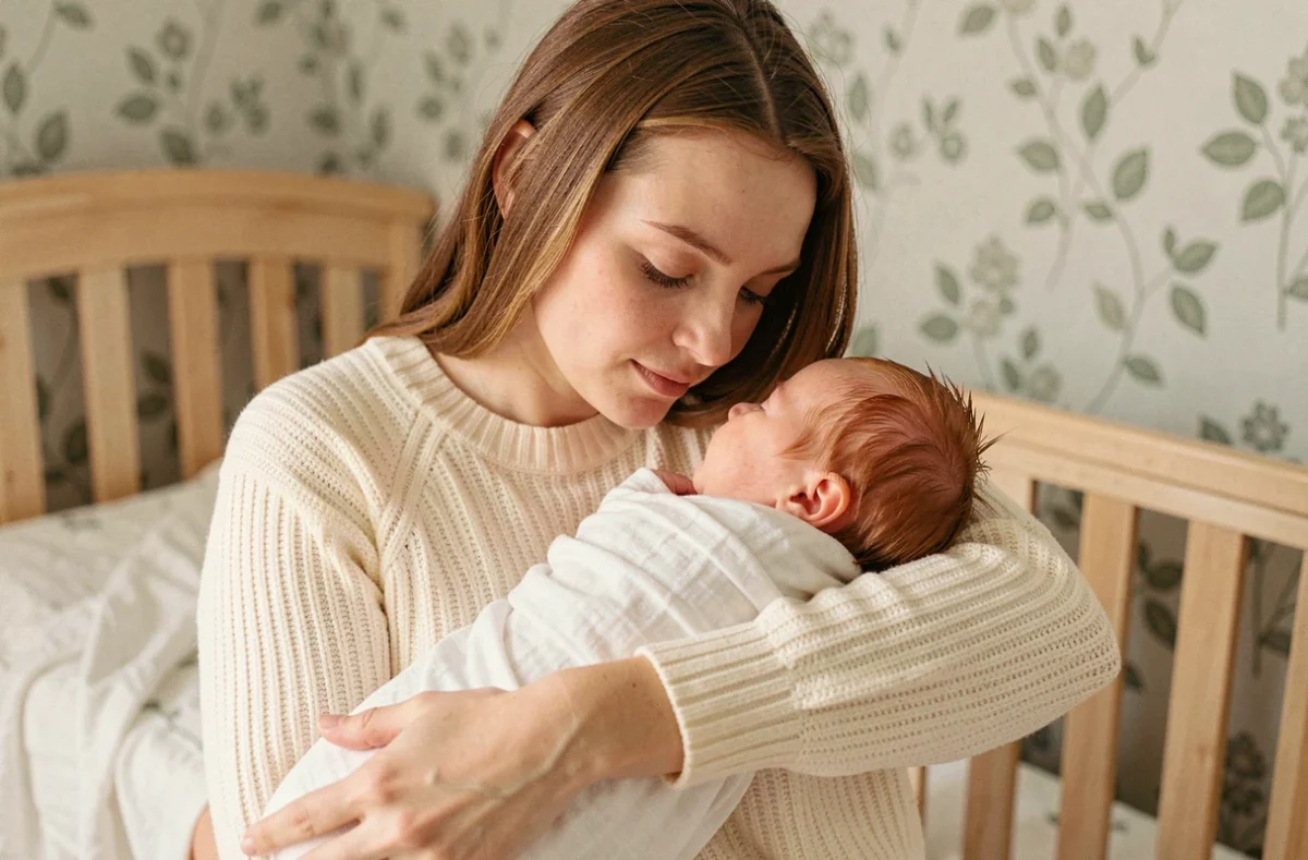 Jeune mère tenant tendrement son nouveau-né aux cheveux roux dans une chambre de bébé cosy et lumineuse