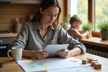 M&egrave;re de famille organisant le planning familial sur une tablette dans une cuisine en bois avec calendrier et notes adhesives