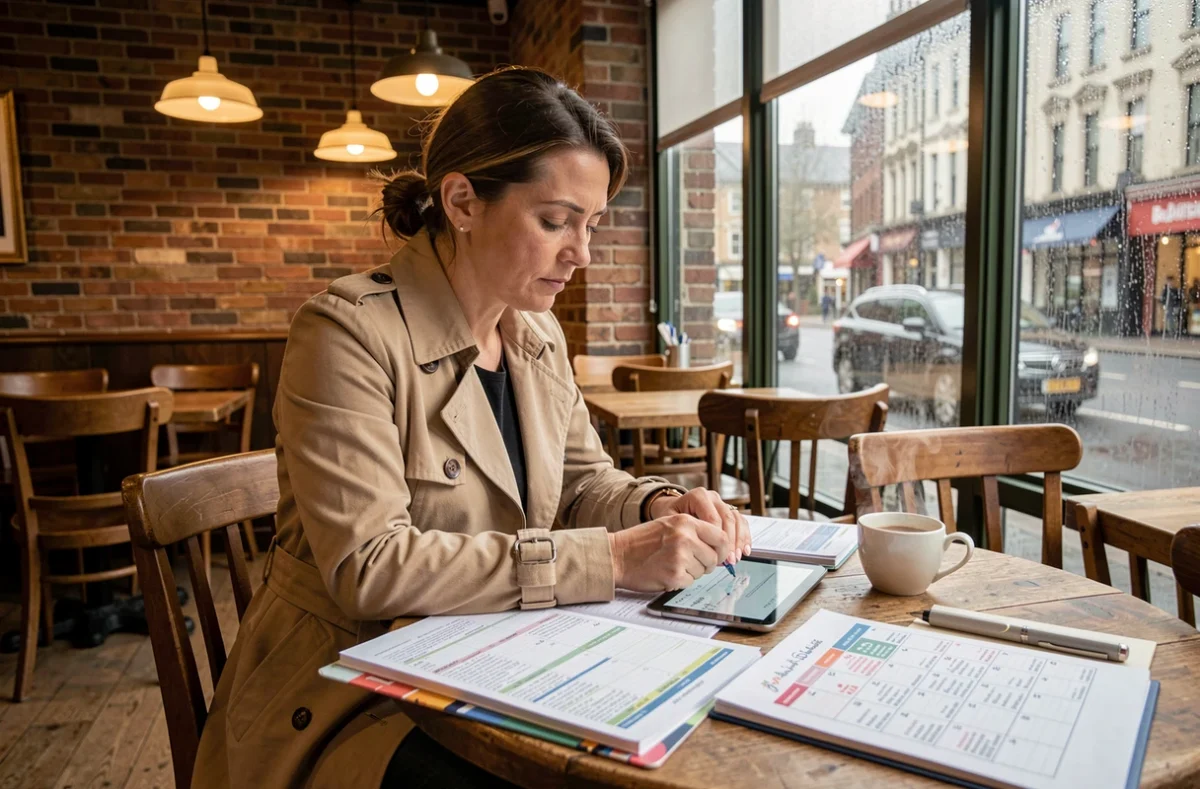 Mère de famille comparant le calendrier scolaire français et britannique dans un café londonien