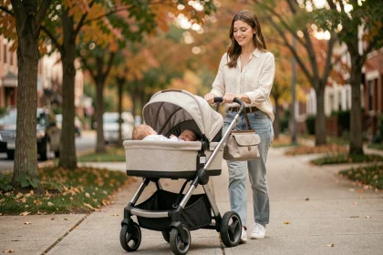 Jeune mère poussant une poussette trois en un convertible sur un trottoir urbain bordé d'arbres en automne