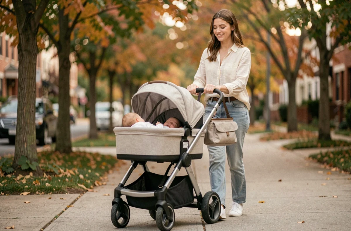 Jeune mère poussant une poussette trois en un convertible sur un trottoir urbain bordé d'arbres en automne