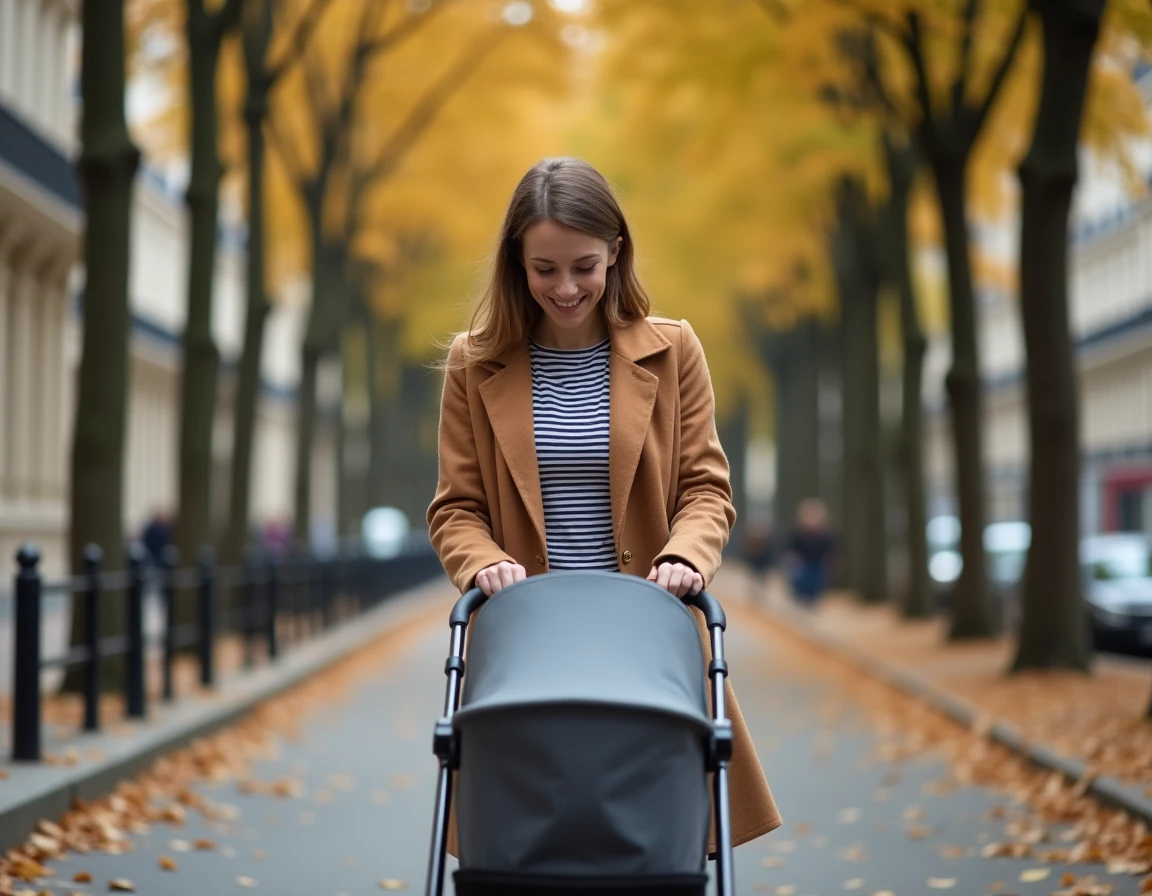 Jeune mère promenant son bébé en poussette sur un boulevard parisien aux couleurs de l'automne