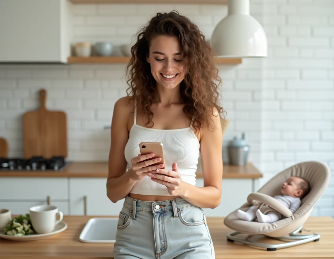 Jeune mère prenant un selfie dans une cuisine moderne avec son bébé endormi en arrière-plan