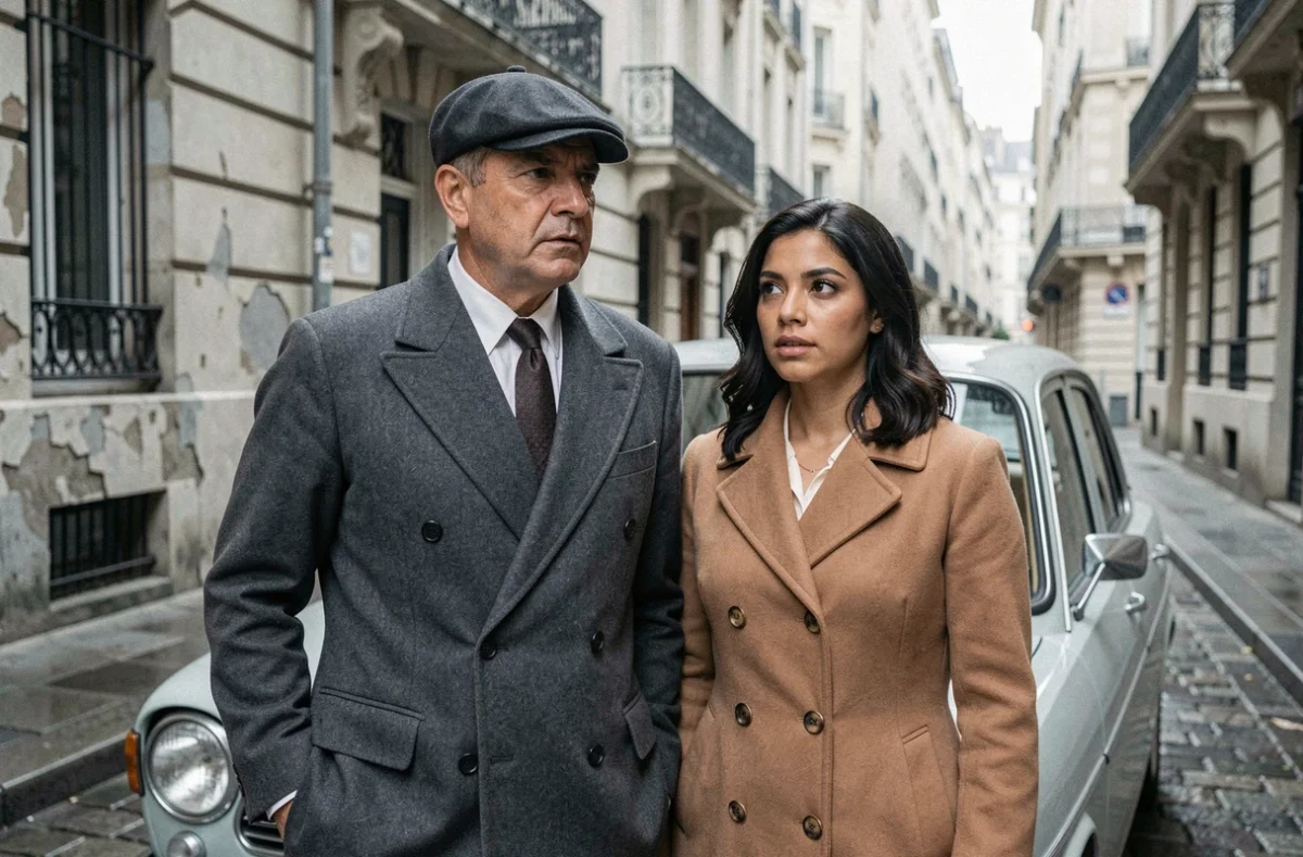 Couple complice des années 70 près d'une voiture vintage dans une ruelle pavée, illustration du duo Mesrine et Soledad