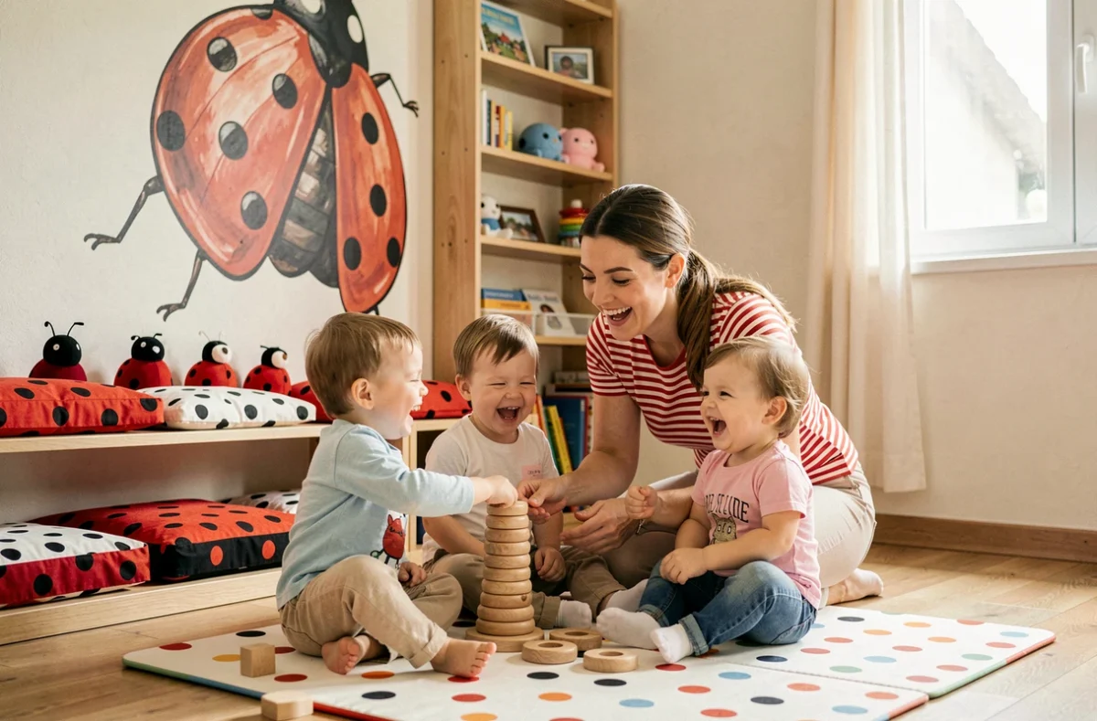 Enfants jouant sur un tapis à pois dans la micro-crèche thème coccinelles Les Coccinelles à Saint-Jans-Cappel