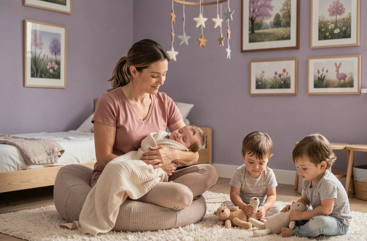 Éducatrice berçant tendrement un enfant endormi dans la micro-crèche bienveillante Le Doux Câlin des Chérubins à Arras