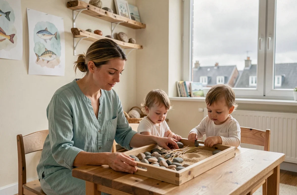 Éducatrice et enfants lors d'une activité sensorielle avec des matériaux naturels côtiers à la micro-crèche Homayé de Wimereux