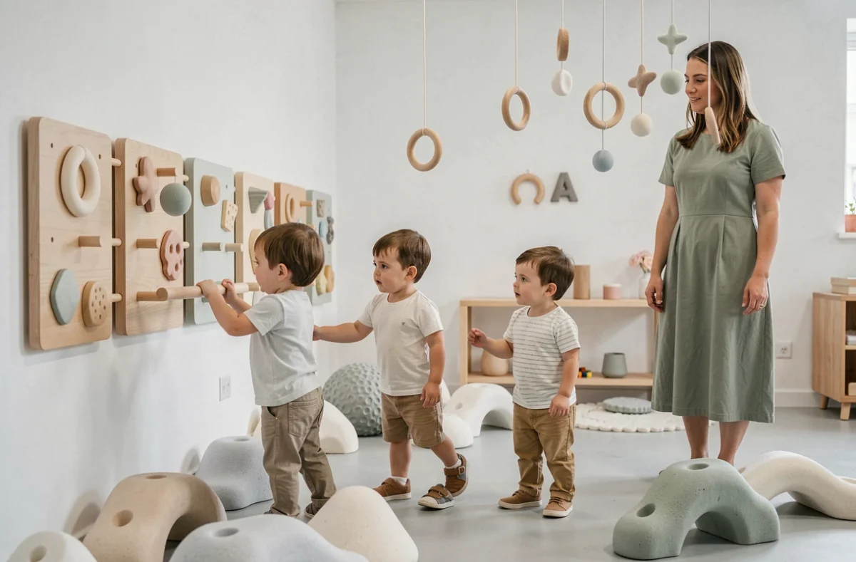 Enfants explorant un espace d'éveil sensoriel au sein du réseau de micro-crèches L'Îl Ô Marmots dans le Valenciennois