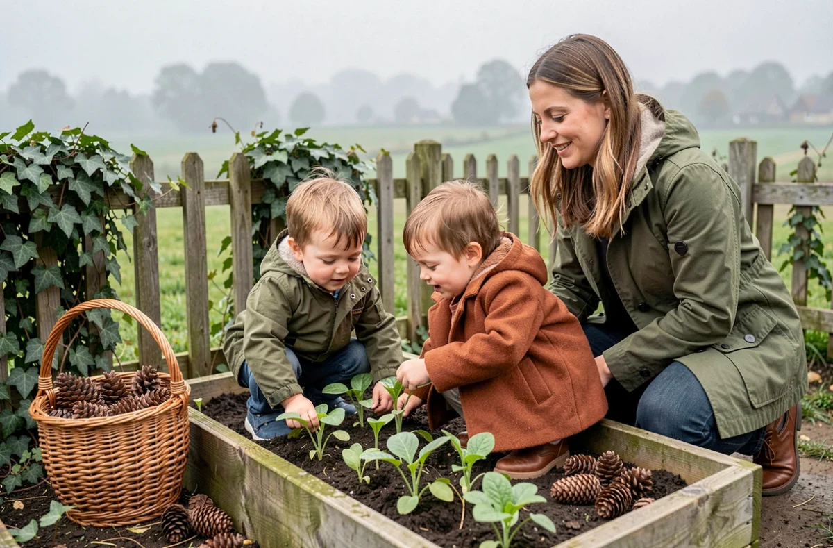 Enfants et éducatrice explorant le jardin nature de la micro-crèche Monts et Merveilles à Hardifort