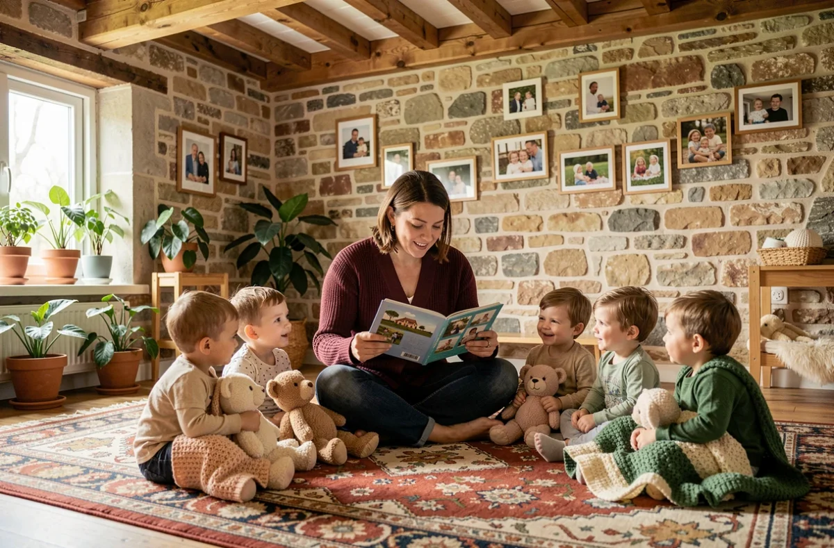 Éducatrice lisant une histoire à des enfants dans l'ambiance familiale et chaleureuse de la micro-crèche Les Petites-Graines de Haisnes dans le Pas-de-Calais