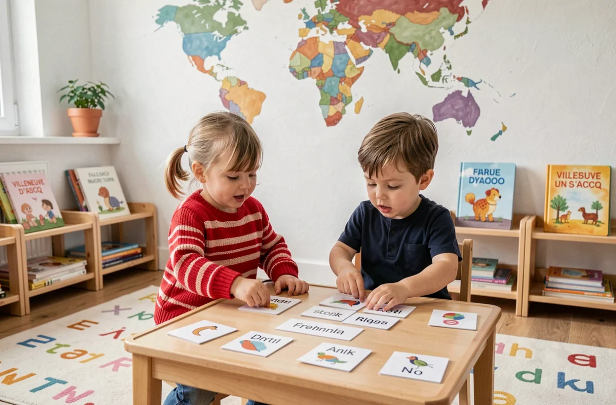 Deux enfants en bas âge jouant avec des cartes bilingues français-anglais à la micro-crèche Small World de Villeneuve-d'Ascq