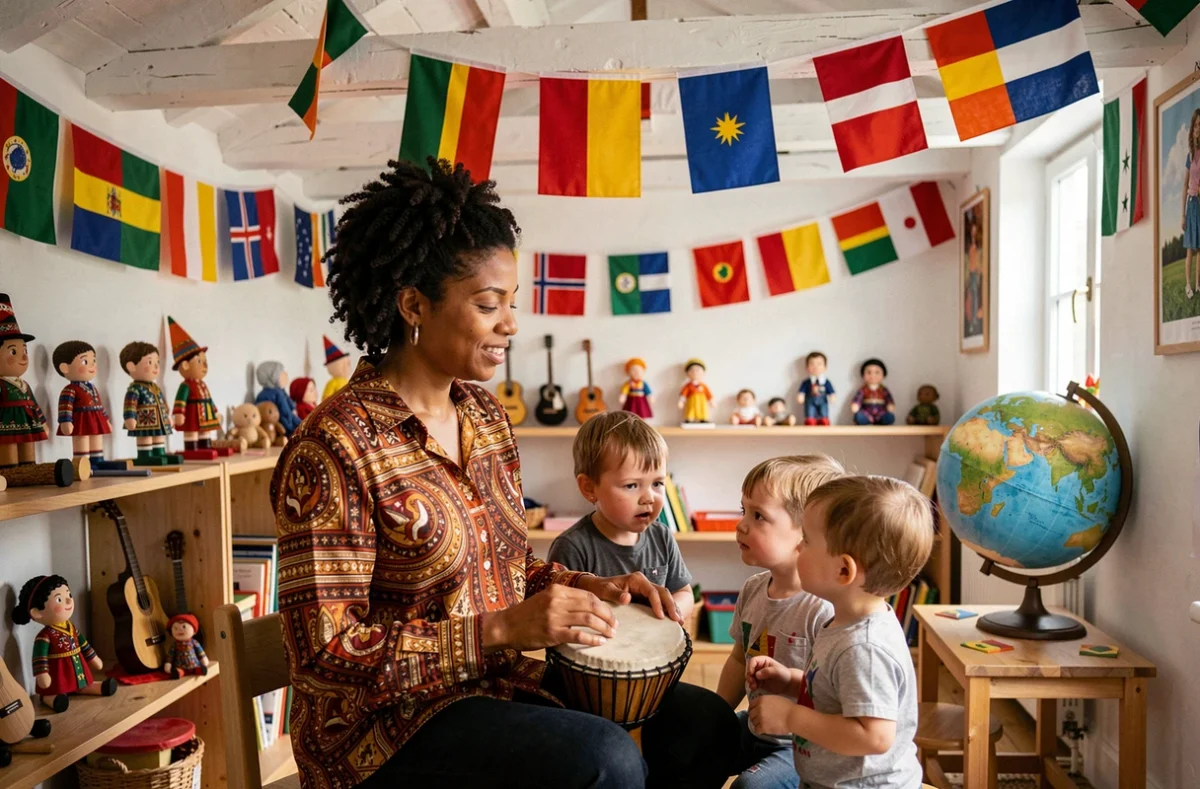 Éducatrice et enfants autour d'instruments du monde dans la micro-crèche interculturelle O Tour du Monde à Steenvoorde