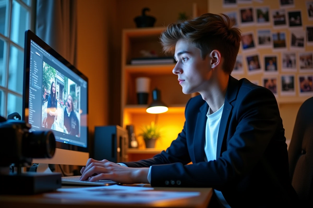 Jeune homme de 18 ans en train de monter une vidéo souvenir de sa soirée anniversaire dans un espace d'édition photo