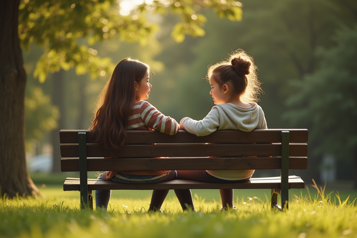 Mère et fille discutant sur un banc dans un parc ensoleille