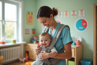 Assistante maternelle mettant un bébé dans un porte-bébé dans une nurserie lumineuse