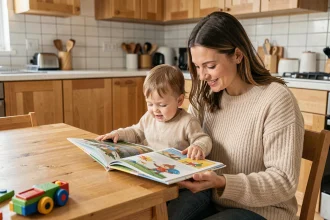 Nounou à domicile assise à la table de cuisine avec un bambin, lisant un livre illustré ensemble dans une maison moderne
