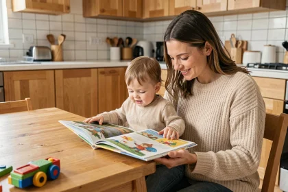 Nounou à domicile assise à la table de cuisine avec un bambin, lisant un livre illustré ensemble dans une maison moderne