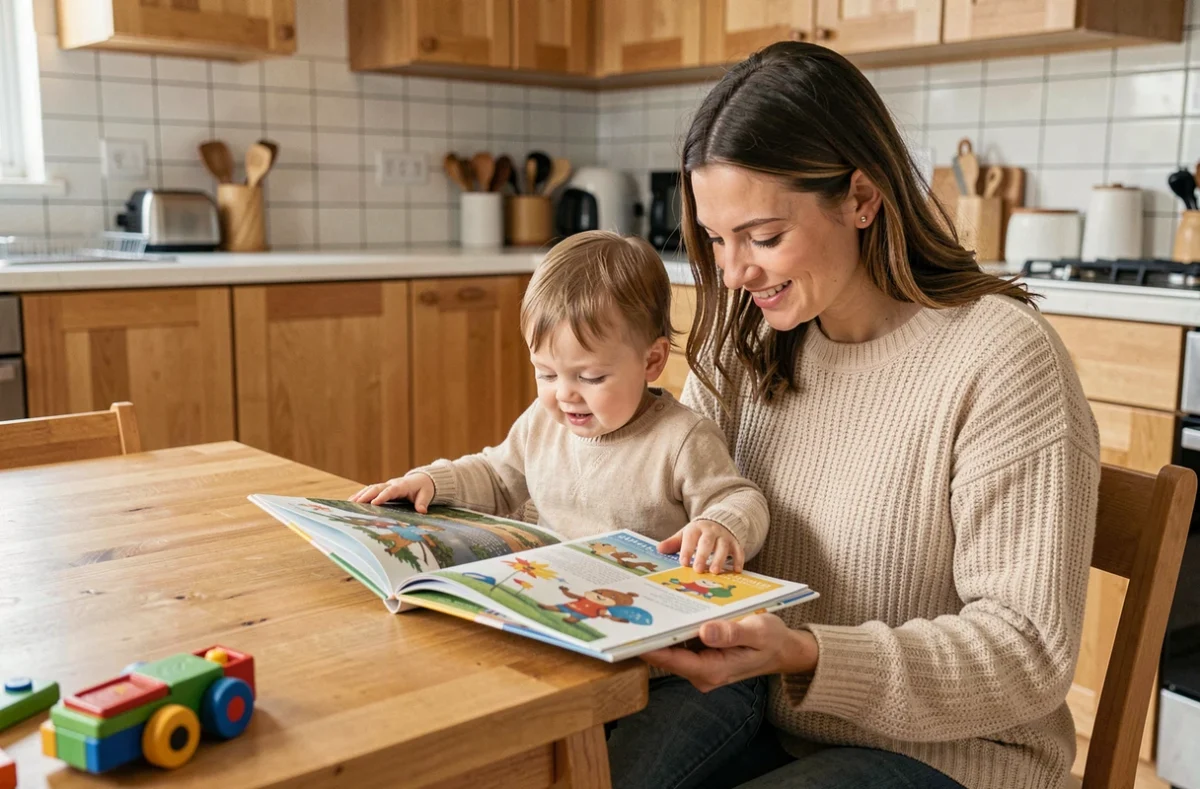 Nounou à domicile assise à la table de cuisine avec un bambin, lisant un livre illustré ensemble dans une maison moderne
