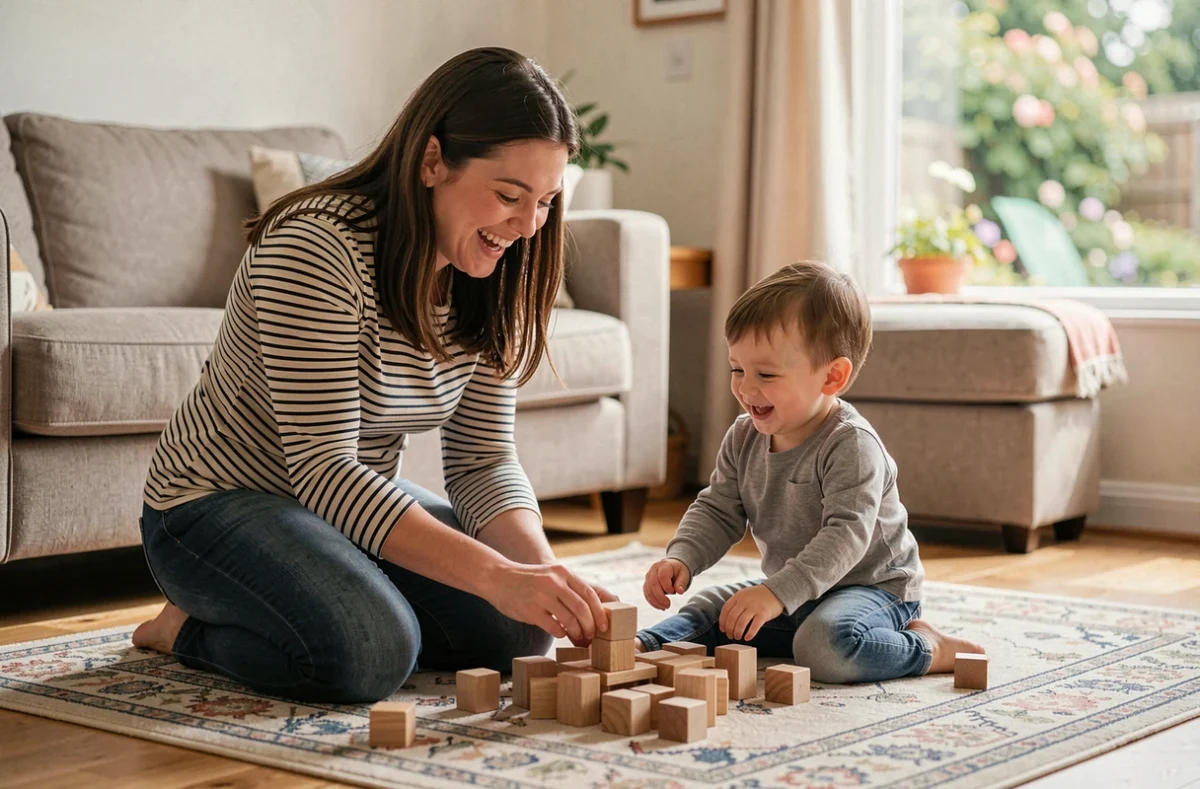 Jeune nounou jouant avec des cubes en bois sur le tapis du salon avec un enfant en bas âge, ambiance naturelle à domicile