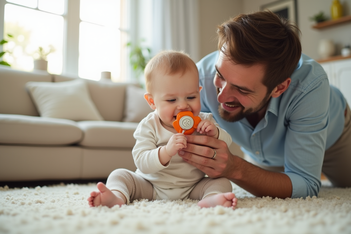 Papa joue avec bébé sur un tapis de salon moderne et coloré