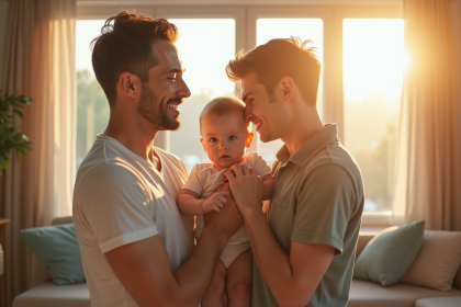 Père souriant tenant tendrement son bébé dans un salon lumineux
