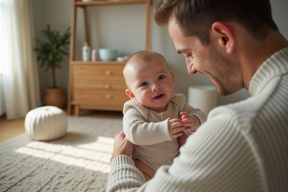 Papa séchant sa fille après le repas dans la nurserie
