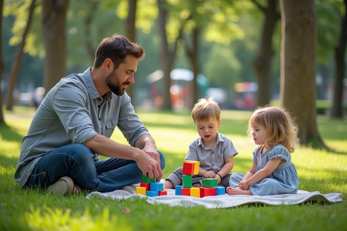 Père jouant avec ses enfants dans un parc en plein air