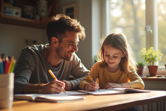 Père et fille travaillant ensemble sur leurs devoirs à la maison