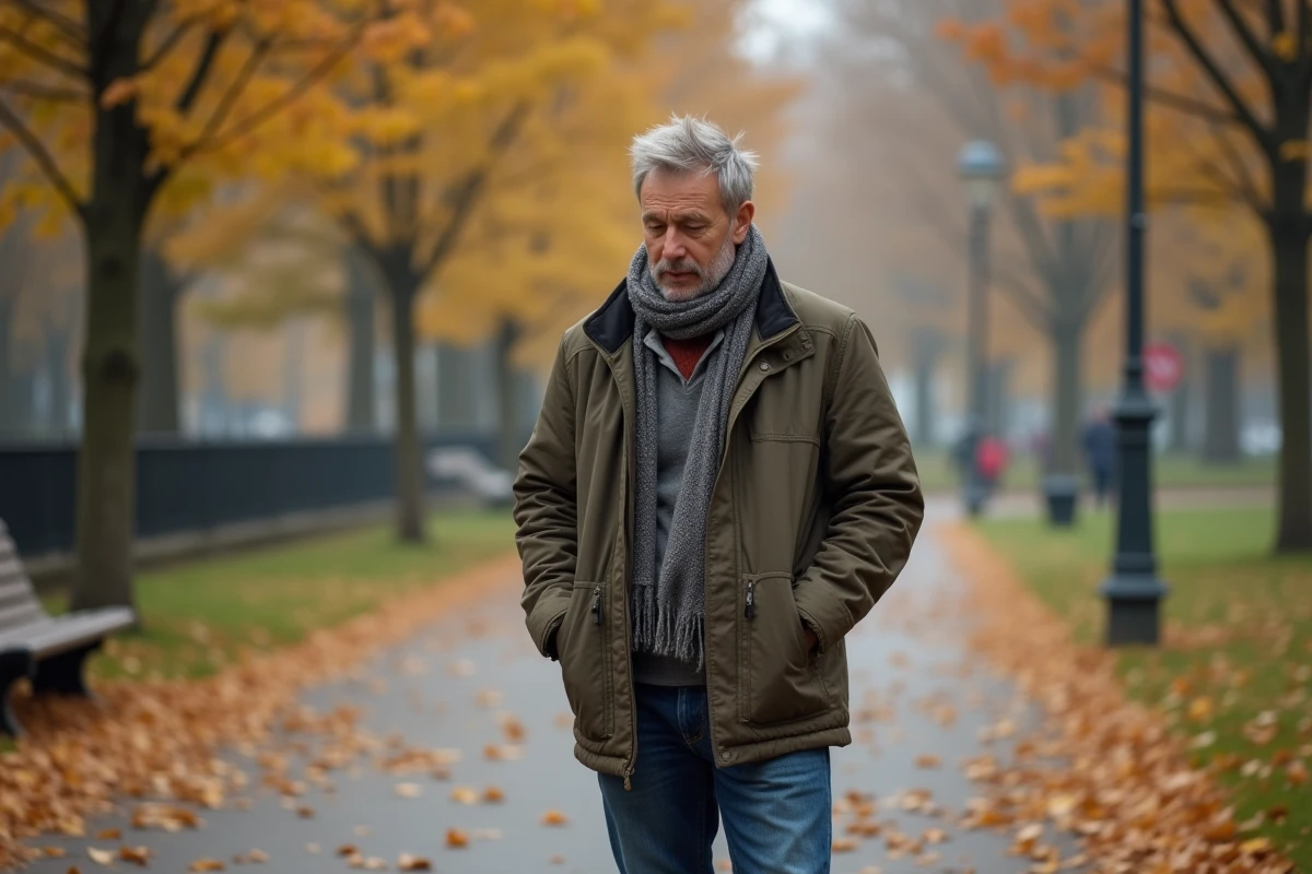 Pere d age moyen marchant dans un parc automnal avec des feuilles