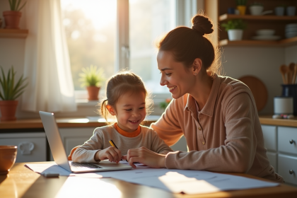 Parent seul avec enfant à la cuisine souriant