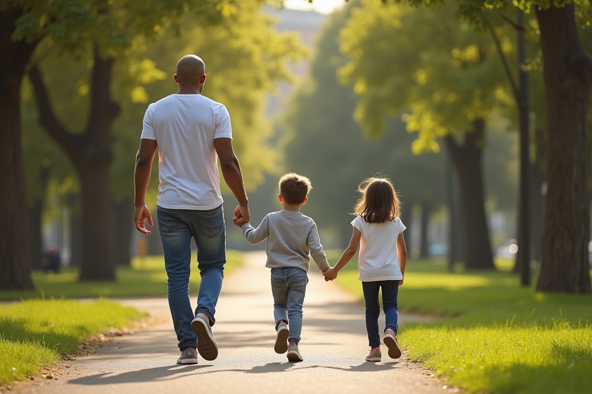 Parent seul avec deux enfants dans un parc ensoleille