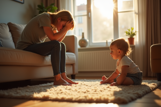 Parent fatigué sur le canapé avec enfant jouant