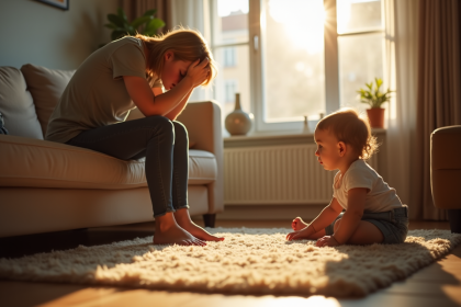 Parent fatigué sur le canapé avec enfant jouant