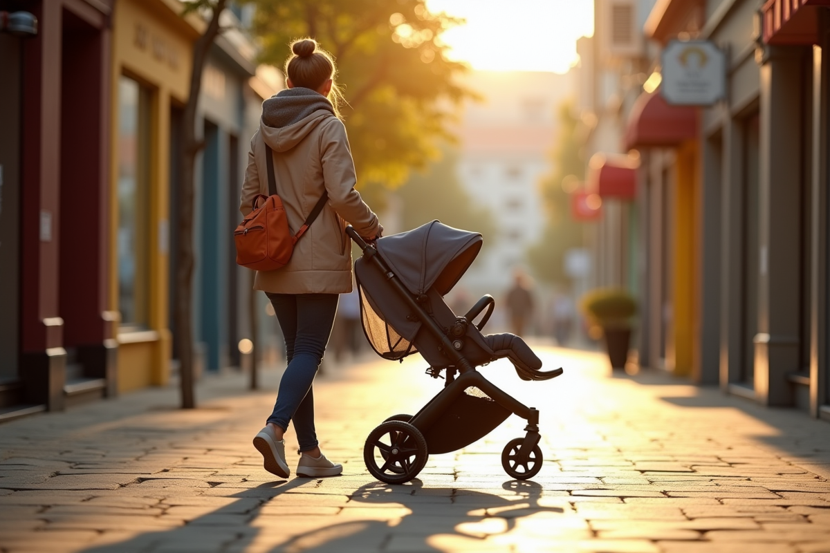 Parent poussant une poussette compacte en ville en matinée