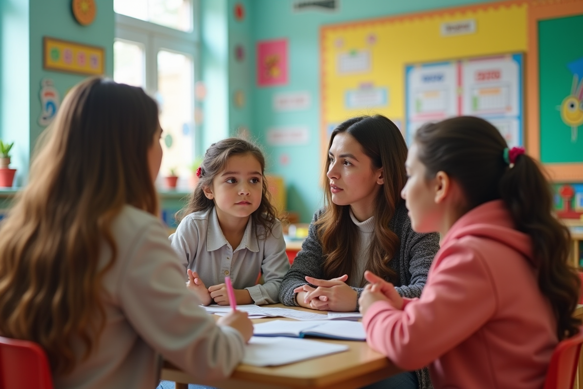 Parents et enseignant discutant dans une classe colorée