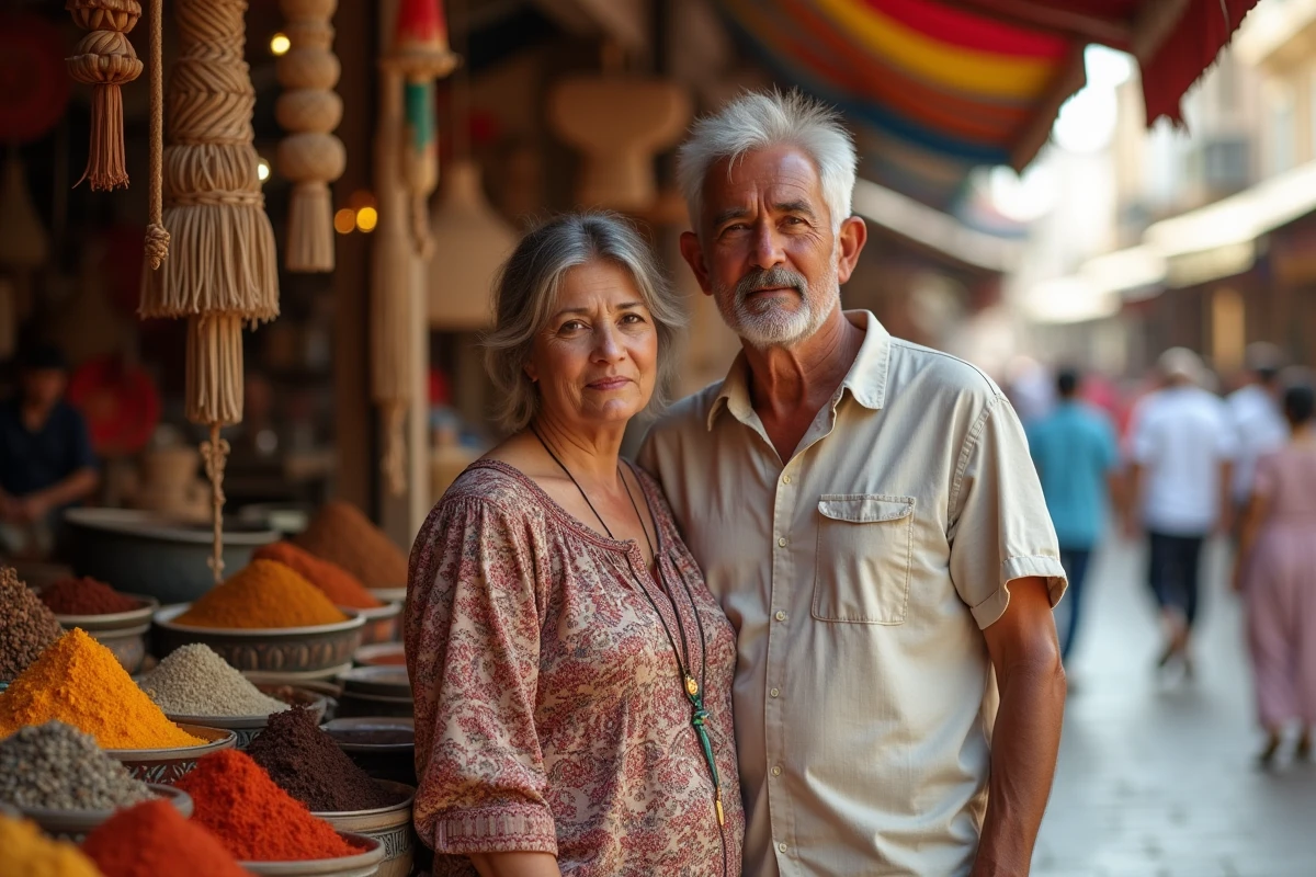 Parents d'origines culturelles diverses dans un marché artisanal coloré entouré d'épices et de textiles traditionnels représentant un héritage multiculturel