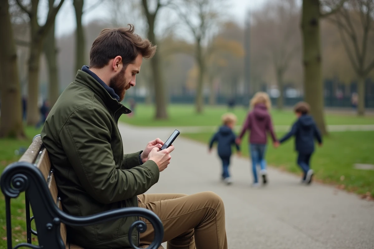 P&egrave;re de famille consultant une application d'organisation sur son t&eacute;l&eacute;phone dans un parc pendant que ses enfants jouent