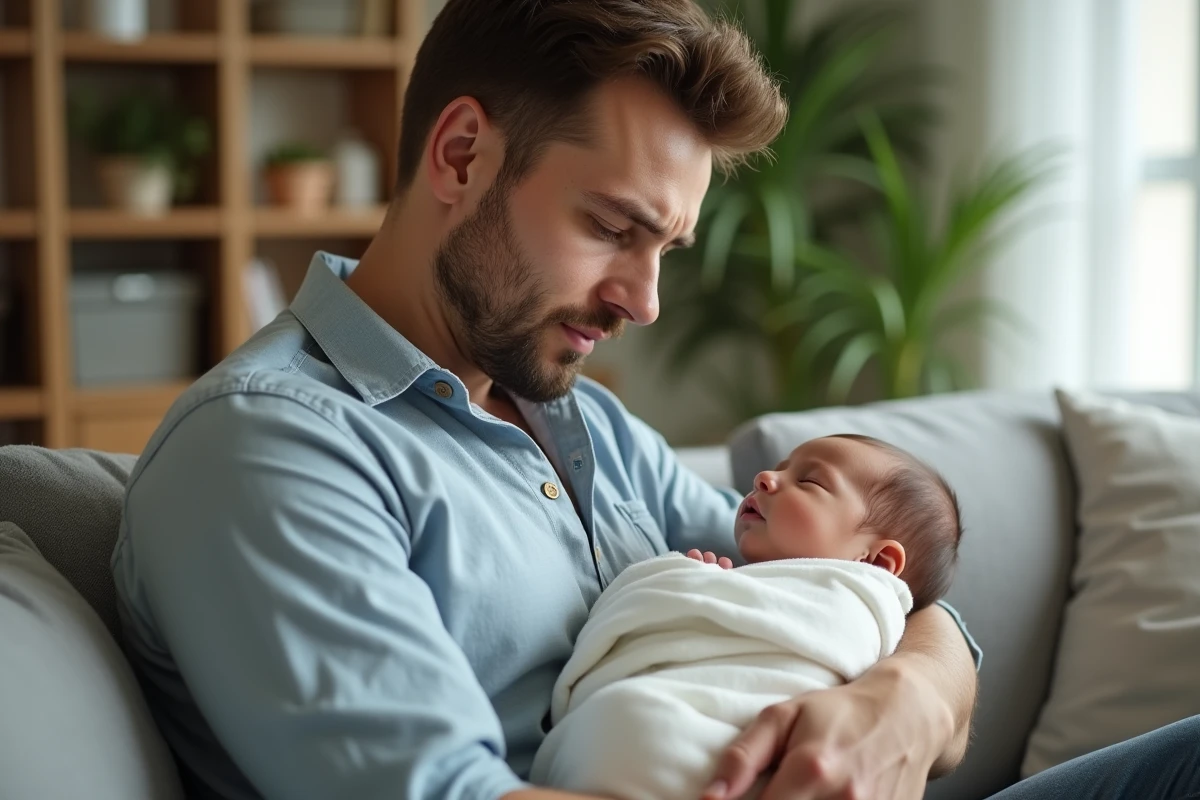 Père autoentrepreneur tenant son nouveau-né dans ses bras lors de son congé paternité à domicile
