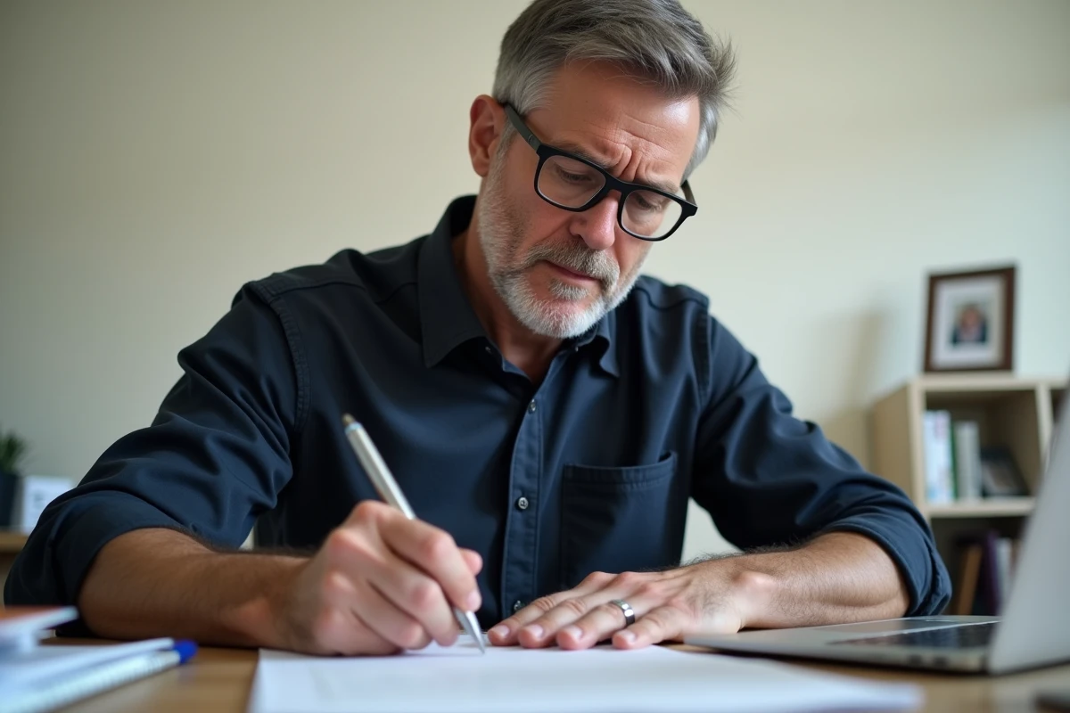 Père concentré remplissant un formulaire d'absence scolaire à son bureau à domicile