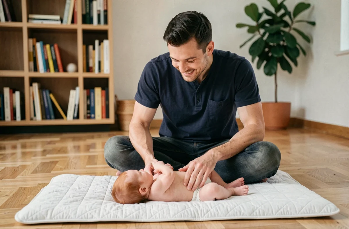Père souriant assis sur le parquet avec son nouveau-né roux posé sur un tapis de jeu blanc dans un salon moderne