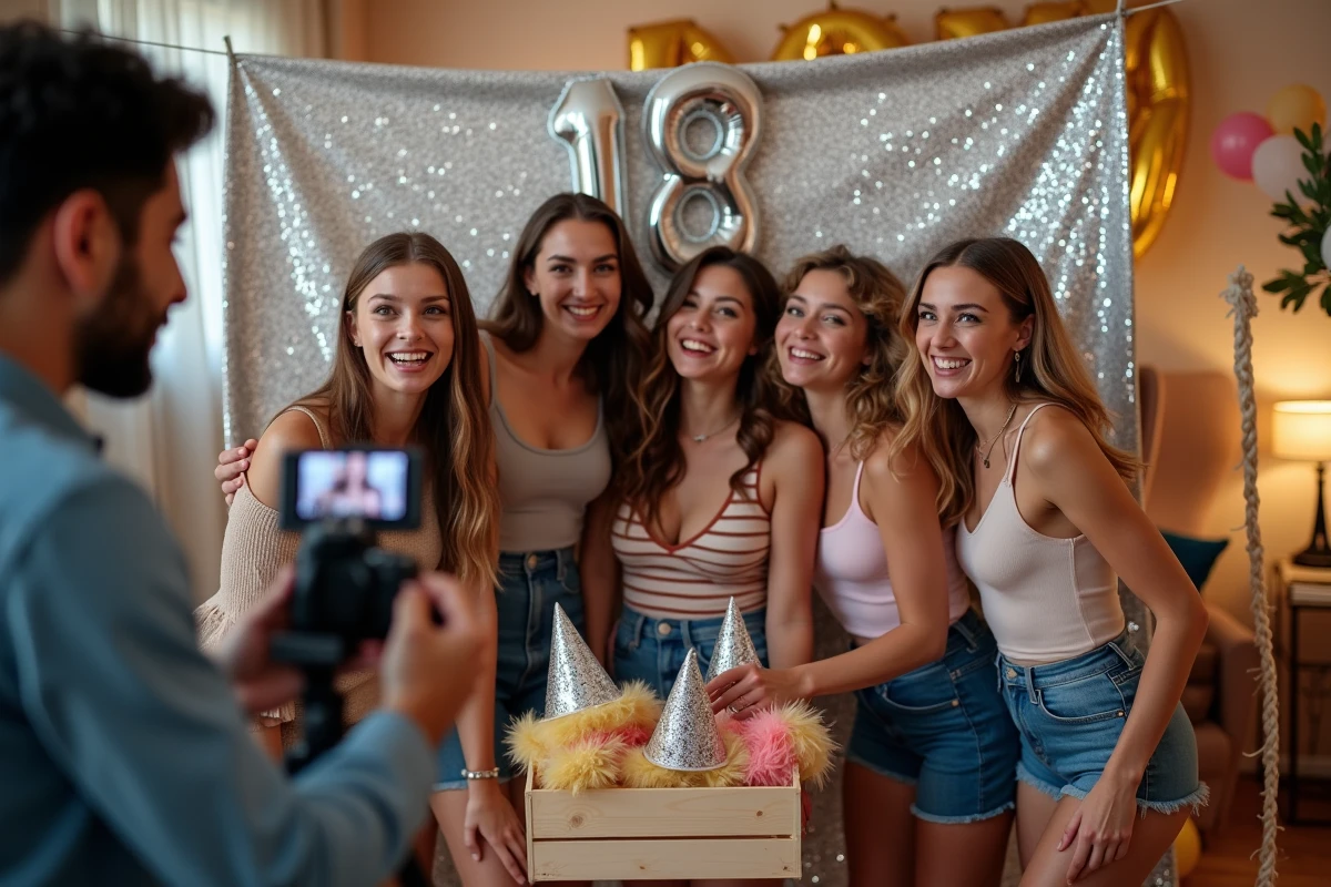 Groupe d'amis de 18 ans s'amusant dans un photobooth DIY avec accessoires festifs lors d'une soirée anniversaire
