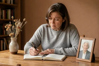 Femme écrivant une phrase hommage à sa tante décédée dans un carnet posé sur un bureau en bois