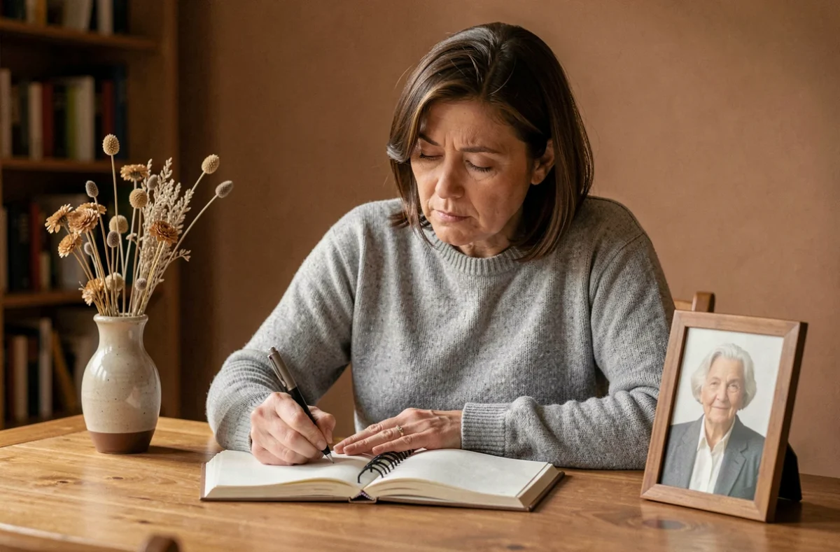Femme écrivant une phrase hommage à sa tante décédée dans un carnet posé sur un bureau en bois