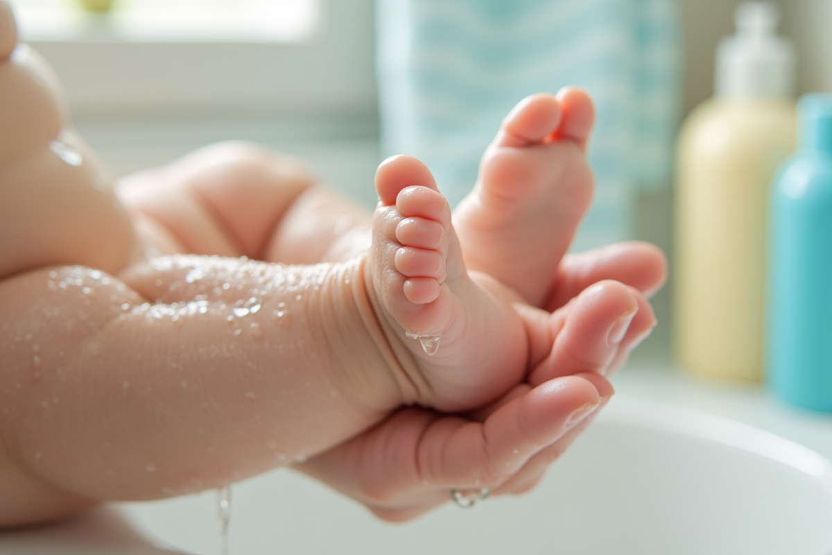 Petits pieds de bébé tenus par des mains d